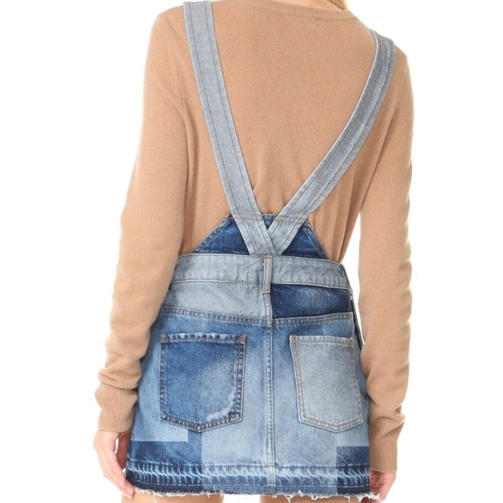 Free People | Patchwork Denim Jumper Overall Mini Dress Distressed Pockets SZ 4 - Picture 3 of 10